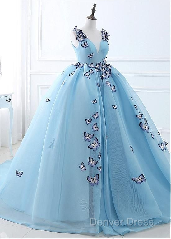 Blue Tulle Long Prom Dress With Butterfly, Gorgeous Sweet 16 Dresses