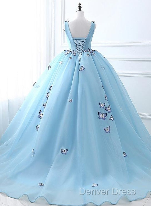 Blue Tulle Long Prom Dress With Butterfly, Gorgeous Sweet 16 Dresses