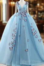 Blue Tulle Long Prom Dress With Butterfly, Gorgeous Sweet 16 Dresses