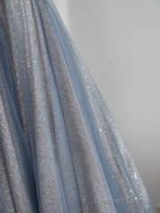 Blue Tulle Long Prom Dress, A-Line Off The Shoulder Blue Evening Party Dress