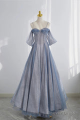 Blue Tulle Long Prom Dress, A-Line Off The Shoulder Blue Evening Party Dress