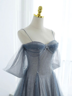 Blue Tulle Long Prom Dress A-Line Off The Shoulder Prom Dresses
