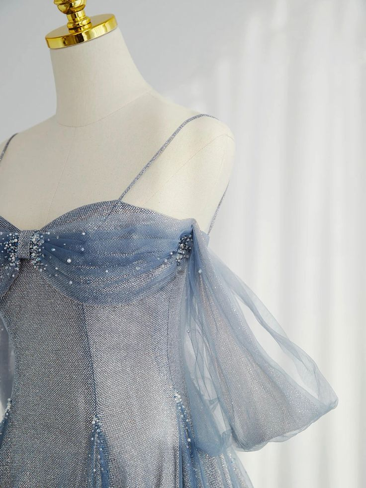 Blue Tulle Long Prom Dress A-Line Off The Shoulder Prom Dresses