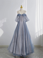 Blue Tulle Long Prom Dress A-Line Off The Shoulder Prom Dresses