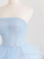 Blue Tulle Long Prom Dresses, Blue Tulle Ball Gown Evening Dresses
