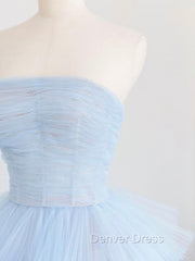 Blue Tulle Long Prom Dresses, Blue Tulle Ball Gown Evening Dresses