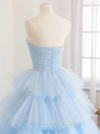 Blue Tulle Long Prom Dresses, Blue Tulle Ball Gown Evening Dresses