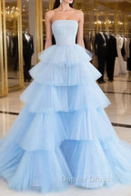 Blue Tulle Long Prom Dresses, Blue Tulle Ball Gown Evening Dresses