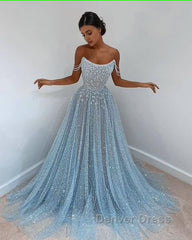Blue tulle long prom Dresses, blue tulle evening Dresses