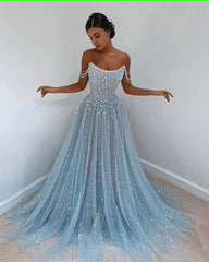 Blue Tulle Long Prom Dress, Blue Tulle aftonklänning