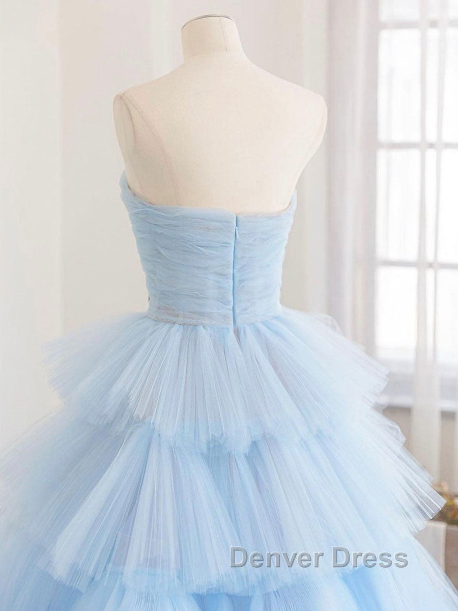 Blue tulle long prom Dresses, blue tulle evening Dresses