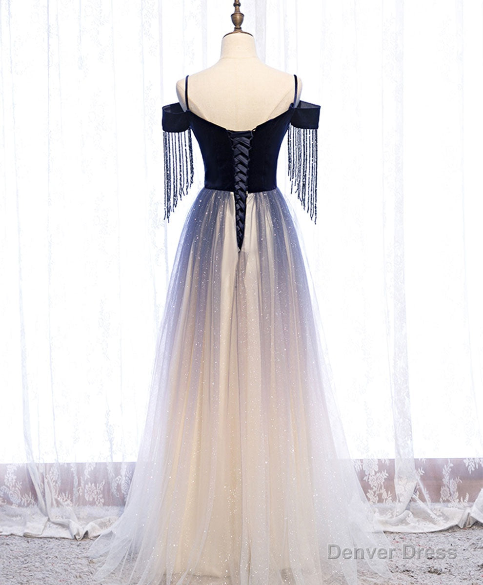 Blue Tulle Long Prom Dress Blue Tulle Formal Dress with Beading Velvet Secondary image
