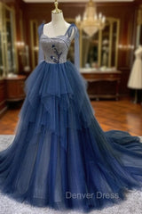 Blue Tulle Long Prom Dresses, Blue Tulle Long Evening Dresses