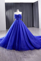 Blue Tulle Long Prom Dress, Off the Shoulder Prom Dresses