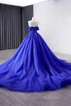 Blue Tulle Long Prom Dress, Off the Shoulder Prom Dresses