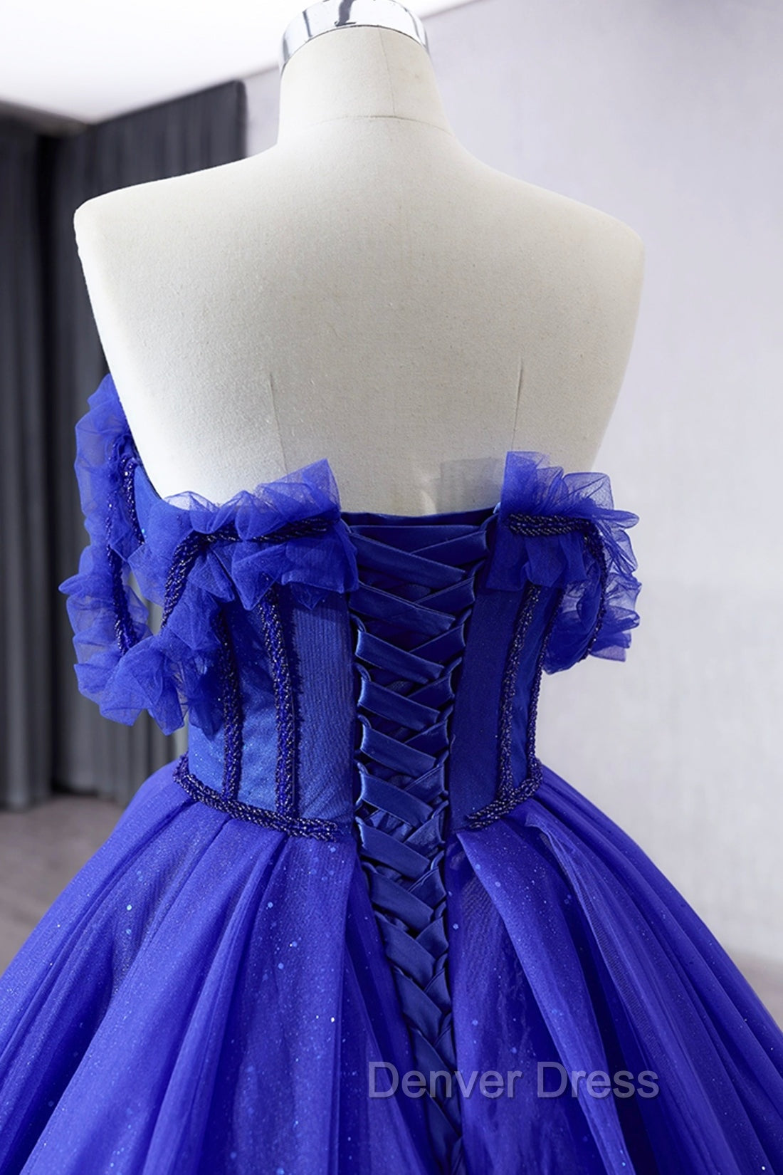 Blue Tulle Long Prom Dresses, Off the Shoulder Formal Evening Party Dresses