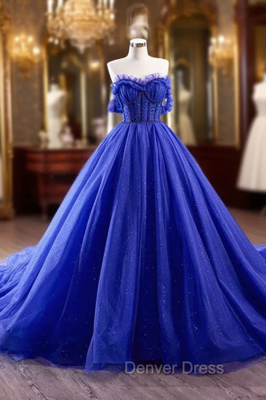 Blue Tulle Long Prom Dresses, Off the Shoulder Formal Evening Party Dresses Main image