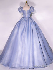 Blue Tulle Long Prom Dress, Tulle Blue Sweet 16 Dress