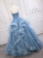 Blue Tulle Long Prom Dresses, Blue Tulle Formal Dresses Sweet 16 Dresses