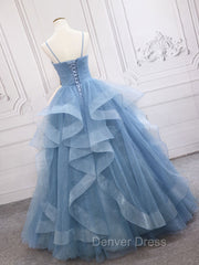 Blue Tulle Long Prom Dresses, Blue Tulle Formal Dresses Sweet 16 Dresses
