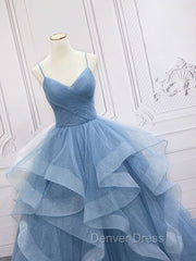 Blue Tulle Long Prom Dresses, Blue Tulle Formal Dresses Sweet 16 Dresses
