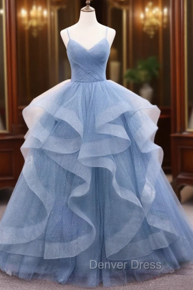 Blue Tulle Long Prom Dresses, Blue Tulle Formal Dresses Sweet 16 Dresses