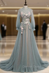 Blue Tulle Long Sleeve Appliques High Neck Prom Dresses