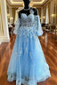 Blue Tulle Long Sleeve Appliques Prom Dresses