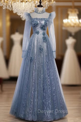 Blue Tulle Long Sleeve High Neck Backless Prom Dresses