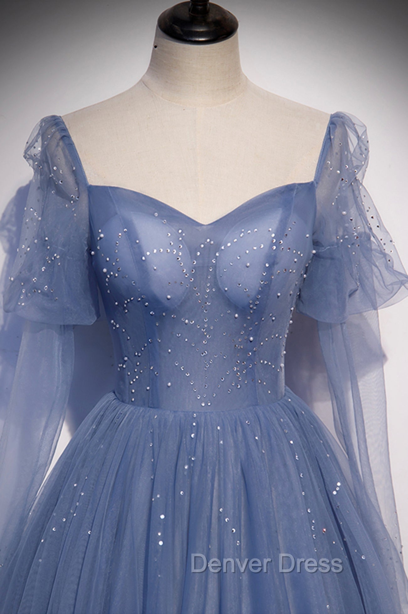 Blue Tulle Long Sleeve Prom Dress, A Line Blue Prom Dresses