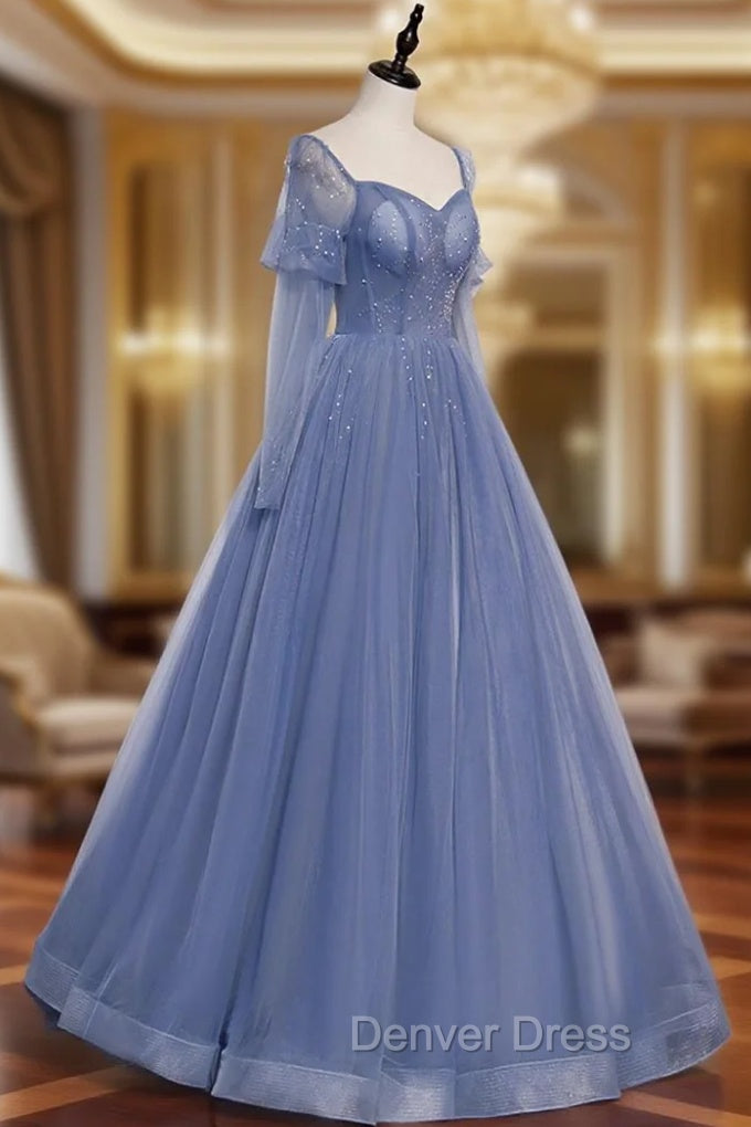 Blue Tulle Long Sleeve Prom Dresses, A-Line Blue Evening Party Dresses Main image