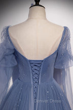 Blue Tulle Long Sleeve Prom Dresses, A-Line Blue Evening Party Dresses