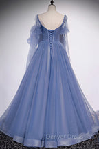 Blue Tulle Long Sleeve Prom Dresses, A-Line Blue Evening Party Dresses