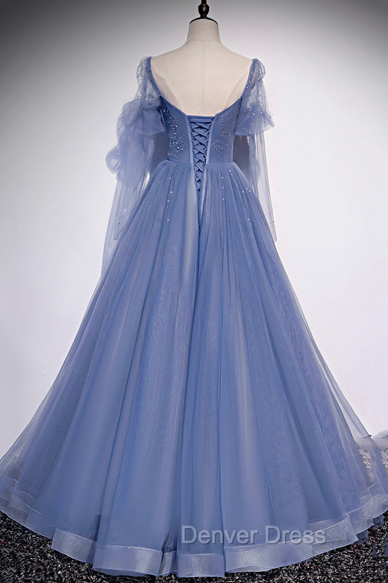 Blue Tulle Long Sleeve Prom Dresses, A-Line Blue Evening Party Dresses