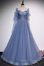 Blue Tulle Long Sleeve Prom Dresses, A-Line Blue Evening Party Dresses