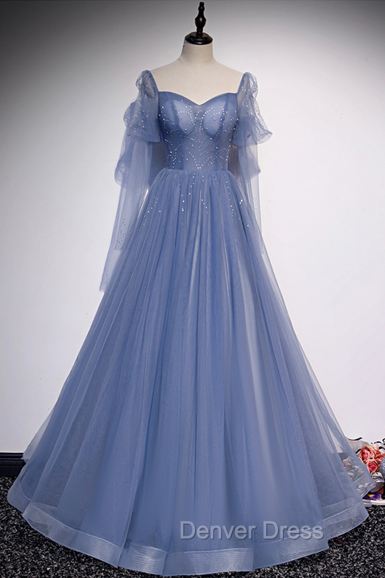 Blue Tulle Long Sleeve Prom Dresses, A-Line Blue Evening Party Dresses