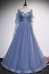 Blue Tulle Long Sleeve Prom Dress, A-Line Blue Evening Party Dress