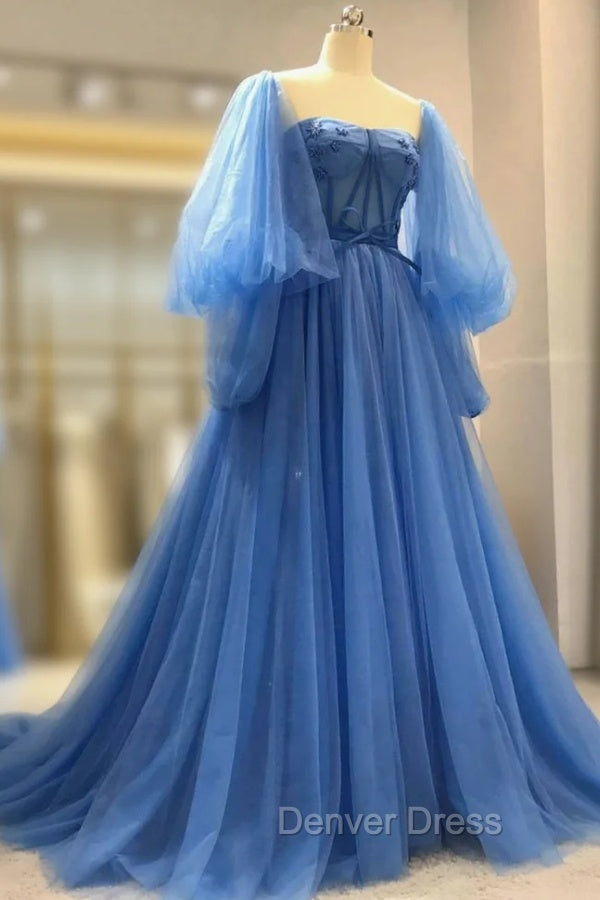 Blue Tulle Long Sleeve Prom Dresses, A-Line Tulle Formal Evening Dresses Secondary image