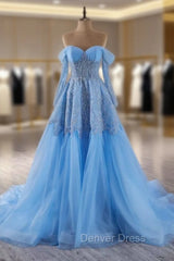 Blue Tulle Long Sleeve Sequins Beading Prom Dresses