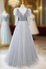 Blue Tulle Long Sleeve V-neck Beading Prom Dresses