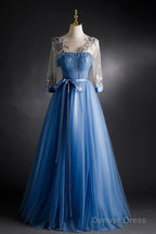 Blue Tulle Long Sleeves Prom Dresses With Flower Lace Applique, Blue Sweet 16 Gowns