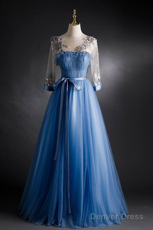 Blue Tulle Long Sleeves Prom Dresses With Flower Lace Applique, Blue Sweet 16 Gowns