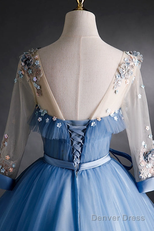 Blue Tulle Long Sleeves Formal Dress With Flower Lace Applique, Blue Sweet 16 Gown