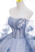 Blue Tulle Long Sleeves Formal Dresses with Flowers, Blue A-Line Prom Dresses
