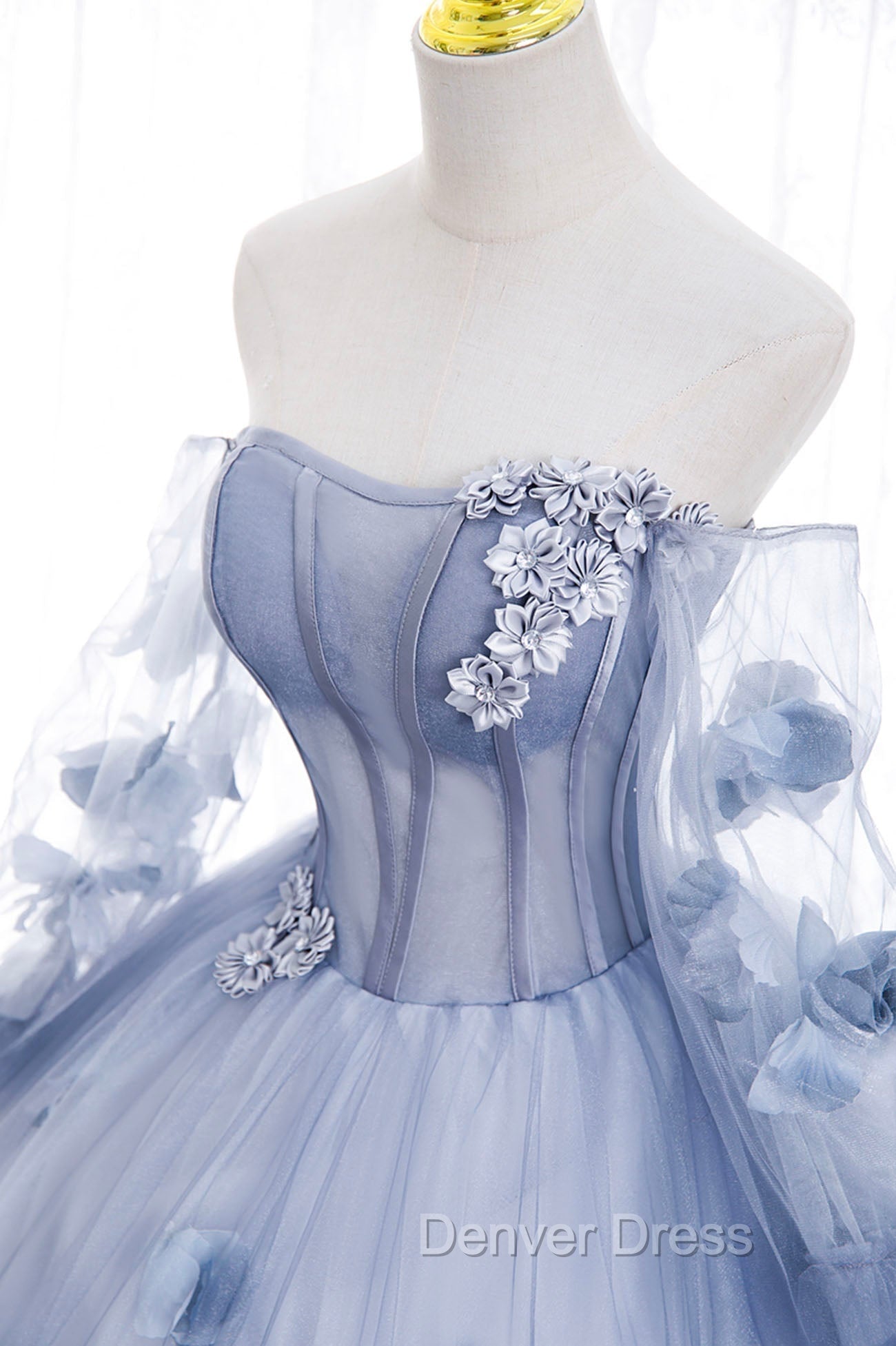 Blue Tulle Long Sleeves Formal Dresses with Flowers, Blue A-Line Prom Dresses