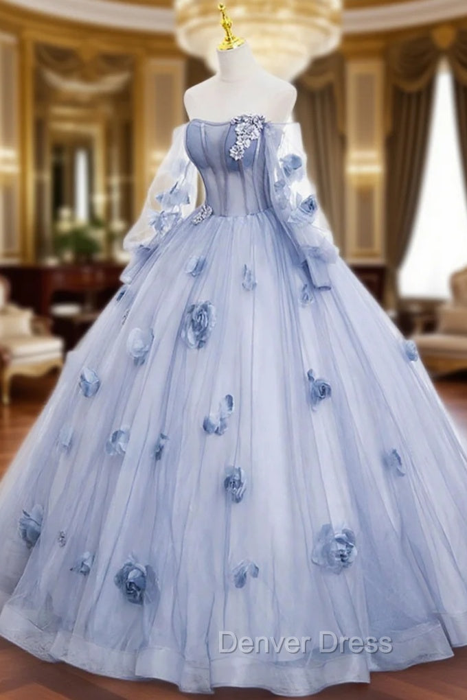 Blue Tulle Long Sleeves Prom Dress with Flowers, Blue A Line Prom Dresses