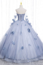 Blue Tulle Long Sleeves Formal Dresses with Flowers, Blue A-Line Prom Dresses