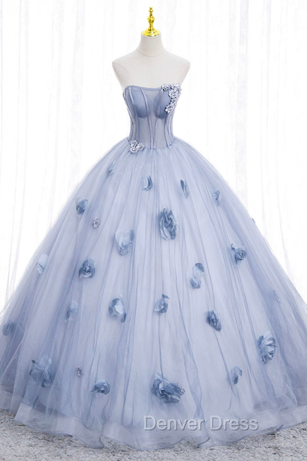 Blue Tulle Long Sleeves Prom Dress with Flowers, Blue A Line Prom Dresses