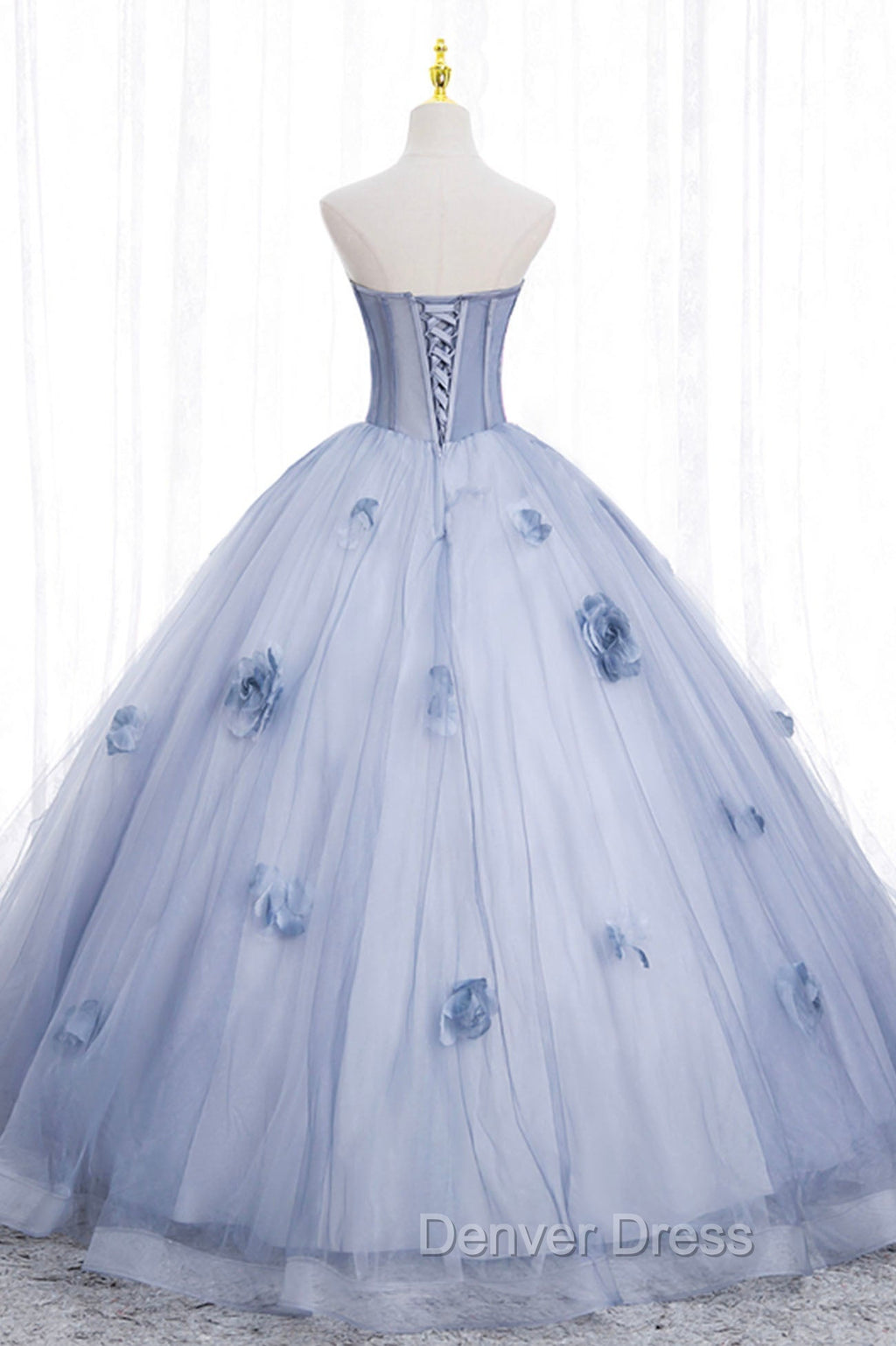 Blue Tulle Long Sleeves Prom Dress with Flowers, Blue A Line Prom Dresses