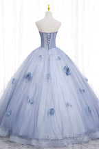 Blue Tulle Long Sleeves Formal Dresses with Flowers, Blue A-Line Prom Dresses